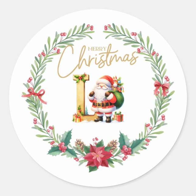 Monogram letter L, Christmas Wreath w/ Santa Claus Classic Round Sticker (Front)