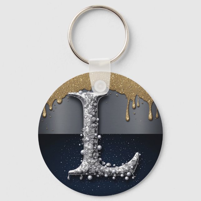 Monogram Letter L Gold Dripping Silver Luxury  Keychain (Front)