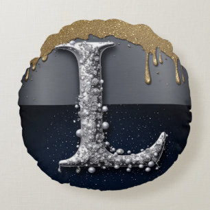 Monogram Letter L Gold Dripping Silver Luxury Round Pillow