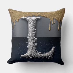 Monogram Letter L Gold Dripping Silver Luxury Throw Pillow