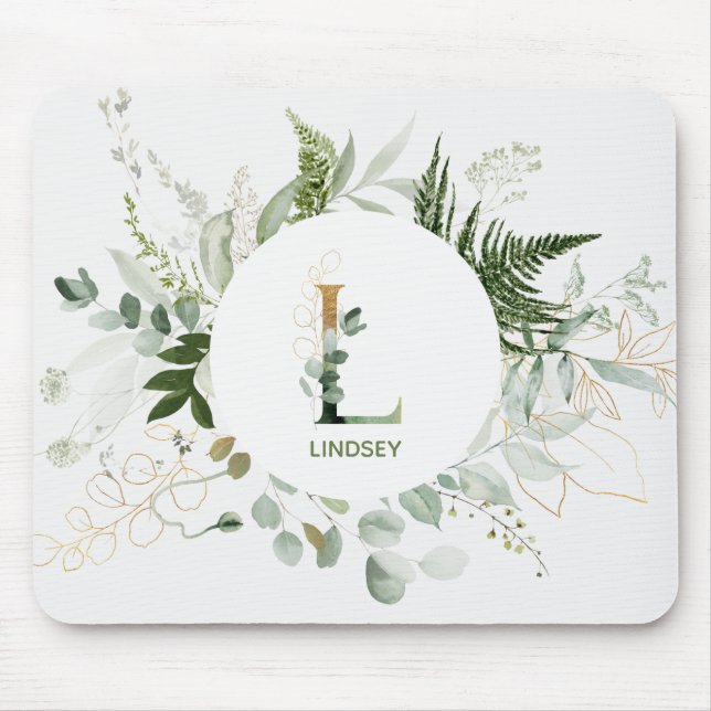 Monogram Letter L Greenery Wreath Mouse Pad (Front)