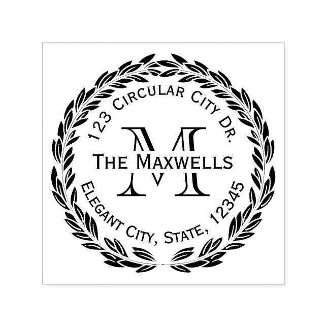 Monogram Letter Laurel Wreath Circle Address Stamp (Design)