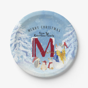 Monogram Letter M Angel Snowman Christmas Paper Plate