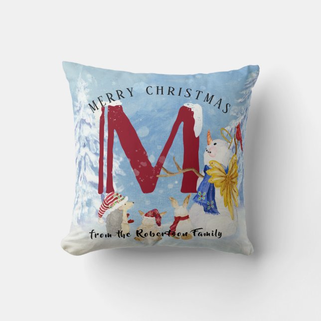 Monogram Letter M Angel Snowman Christmas Throw Pillow (Front)