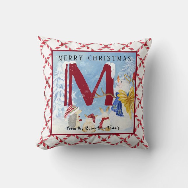 Monogram Letter M Angel Snowman Christmas Throw Pillow (Front)