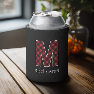 Monogram Letter M - Black and Red Buffalo Plaid Can Cooler