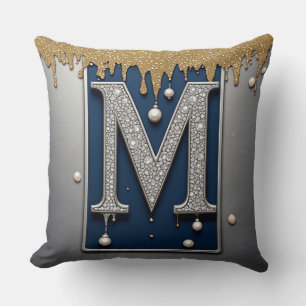 Monogram Letter M Navy Gold Dripping Paint Throw Pillow