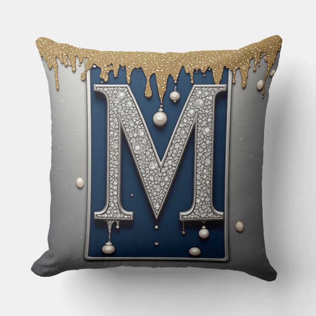 Monogram Letter M Navy Gold Dripping Paint Throw Pillow (Front)