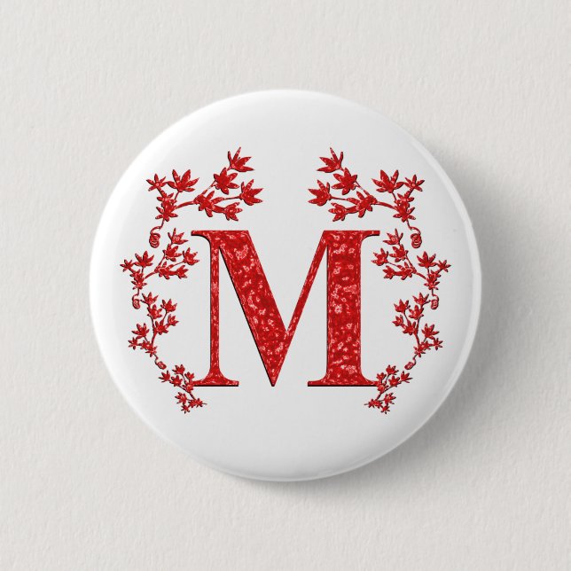 Monogram Letter M Red Leaves 2 Inch Round Button (Front)