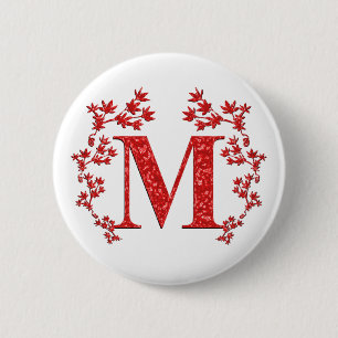 Monogram Letter M Red Leaves 2 Inch Round Button