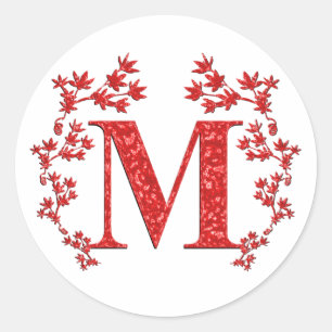 Monogram Letter M Red Leaves Classic Round Sticker