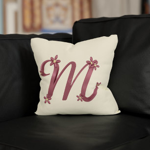 Monogram Letter M Rose Gold Floral Details Cream Throw Pillow
