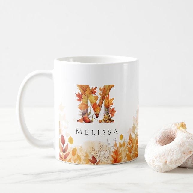 Monogram Letter M Rustic Fall Leaves Coffee Mug (With Donut)