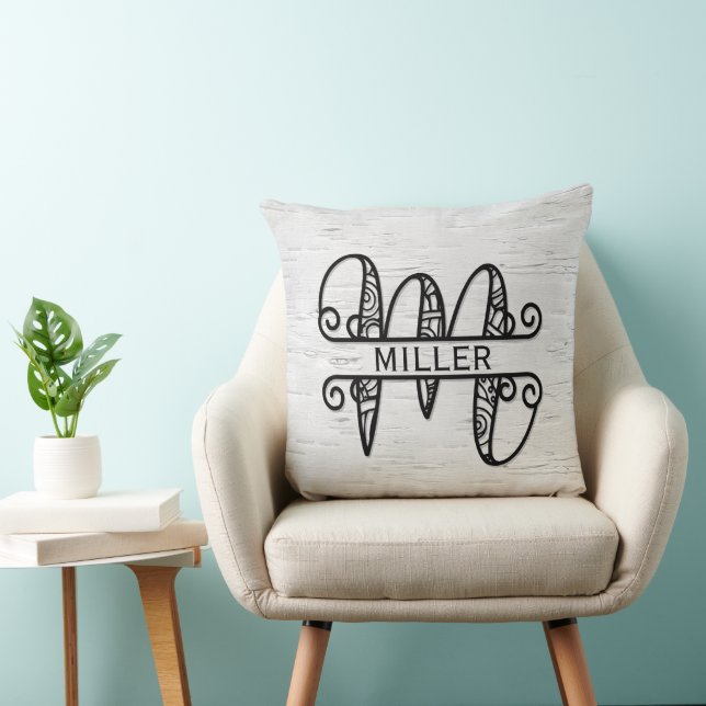 Monogram Letter M with Family Name Throw Pillow (Chair)