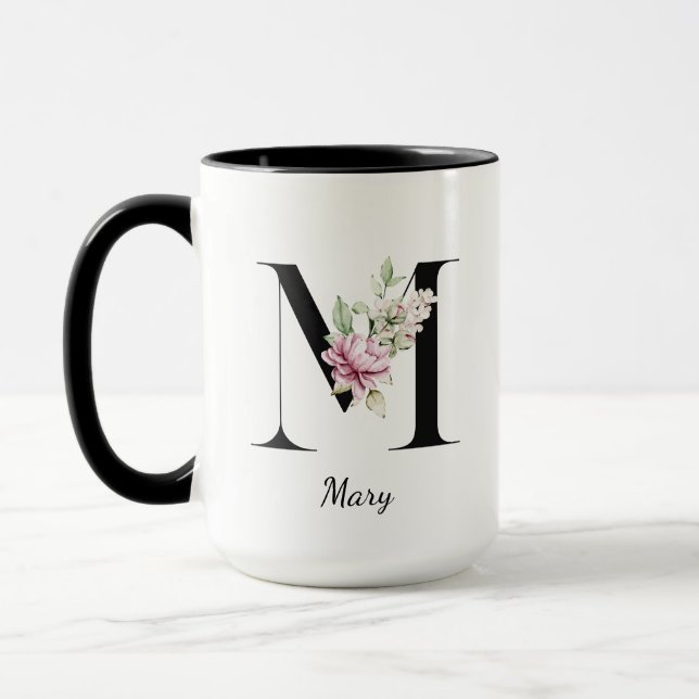 Monogram, letter M with watercolor flowers Mug (Left)