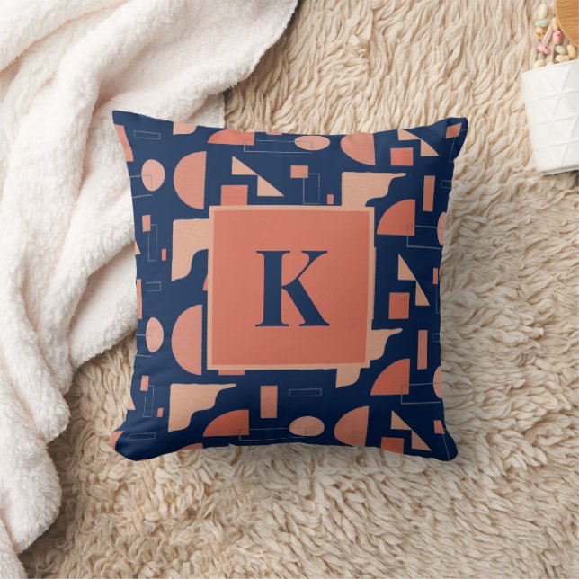 Monogram Letter Modern Abstract Geometric Pattern Throw Pillow (Blanket)