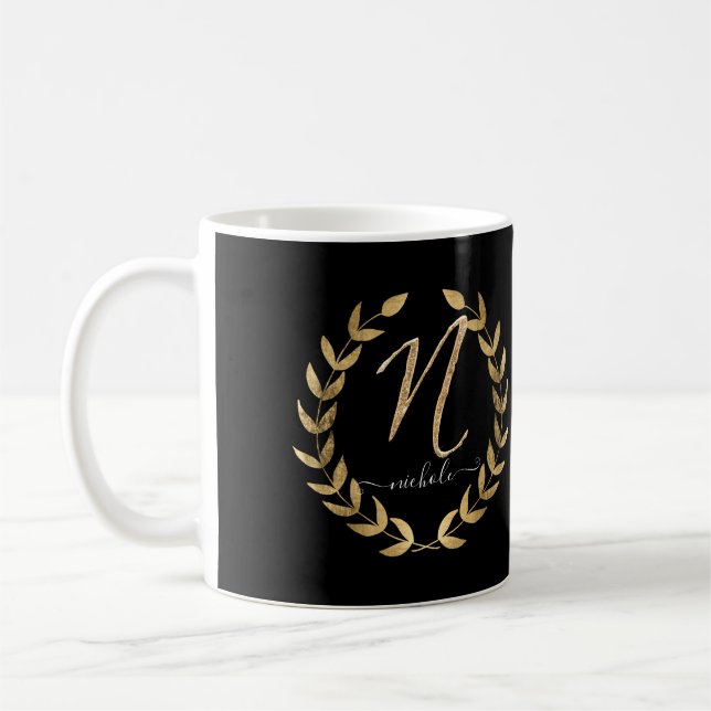 Monogram Letter N Black n Gold Script Name Coffee Mug (Left)
