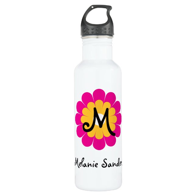 Monogram letter name mod pink yellow flower 710 ml water bottle (Front)