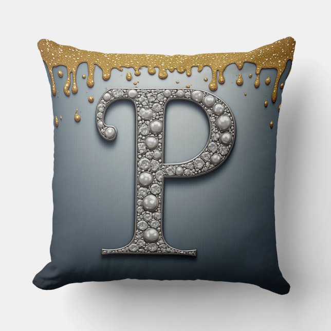 Monogram Letter P Navy Gold Dripping Paint Throw Pillow (Front)