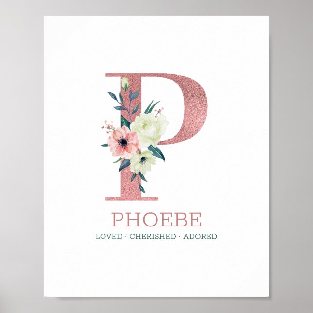 Monogram Letter P Pink Watercolor Floral Nursery Poster (Front)
