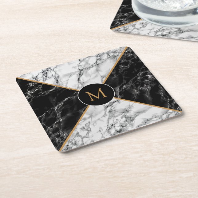 Monogram Letter Paper Coaster Black White Marble (Angled)