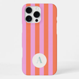Monogram Letter Pink & Orange Stripes Pattern iPhone 16 Pro Max Case