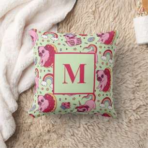 Monogram Letter Pug Doughnut Cupcake Cute Dog Patt Throw Pillow