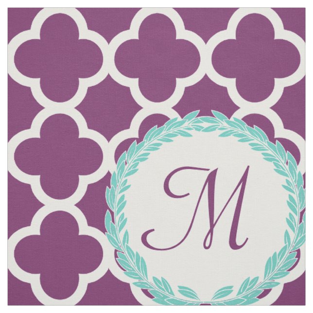 Monogram Letter Purple Teal Laurel Quatrefoil Fabric (Swatch)