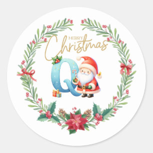 Monogram letter Q, Christmas Wreath w/ Santa Claus Classic Round Sticker