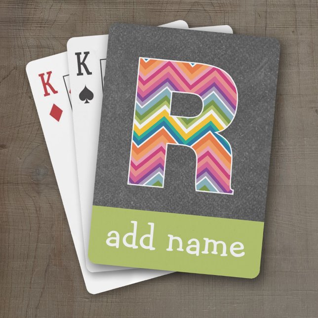 Monogram Letter R - Chalkboard and Bright Chevrons Playing Cards (Personalized Playing Cards - Huge Monogram)