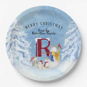 Monogram Letter R Merry Christmas Angel Snowman Paper Plate