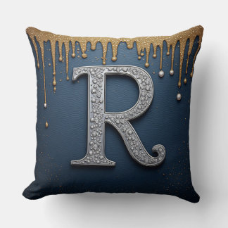 Monogram Letter R Navy Gold Pearl Initial Design Throw Pillow
