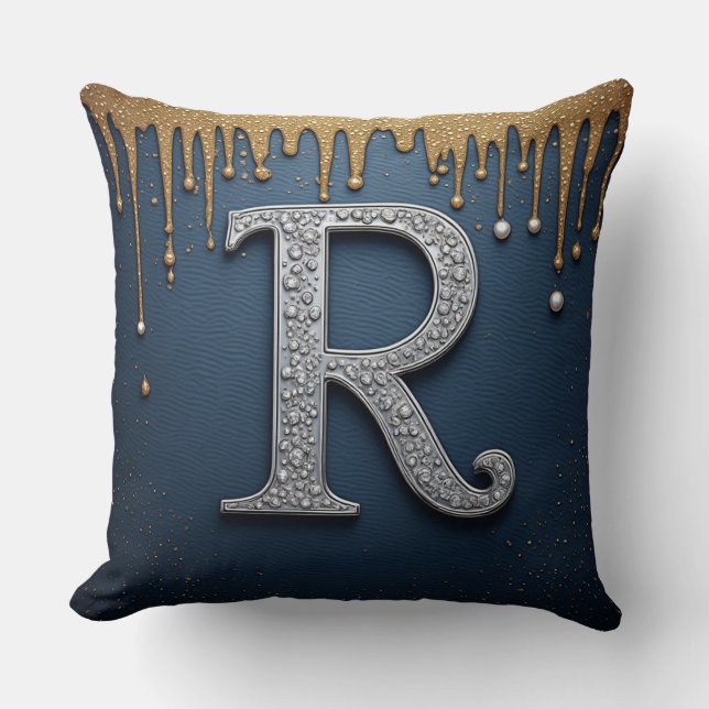 Monogram Letter R Navy Gold Pearl Initial Design Throw Pillow (Front)