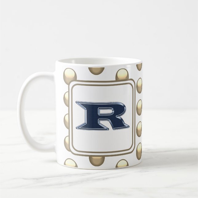 Monogram Letter R Polka Dot Bold Blue Initial Coffee Mug (Left)