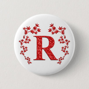 Monogram Letter R Red Leaves 2 Inch Round Button