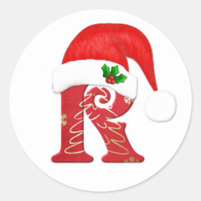 Monogram letter R, Santa hat Christmas Classic Round Sticker (Front)