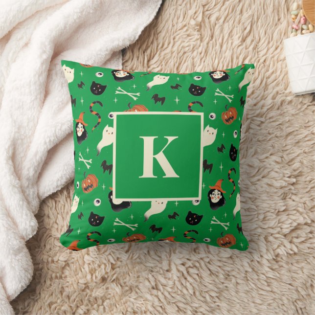 Monogram Letter Retro Halloween Witch Pattern Throw Pillow (Blanket)