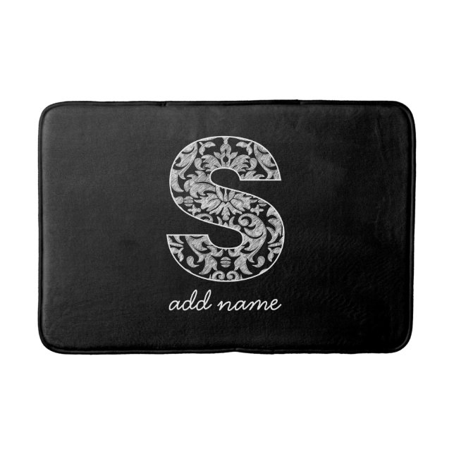 Monogram Letter S - Black and White Damask Bath Mat (Front)