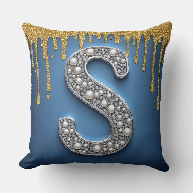Monogram Letter S Navy Gold Dripping Paint Throw Pillow (Front)