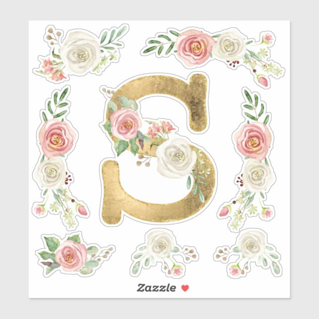 Monogram Letter S Pink Rose Floral Leaf Watercolor (Sheet)