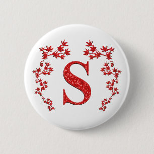 Monogram Letter S Red Leaves 2 Inch Round Button