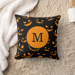 Monogram Letter Spooky Jack O Lantern Faces Throw Pillow