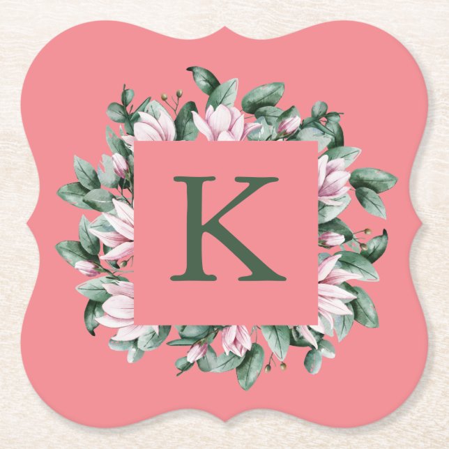 Monogram Letter Square Floral Frame        Paper Coaster (Front)