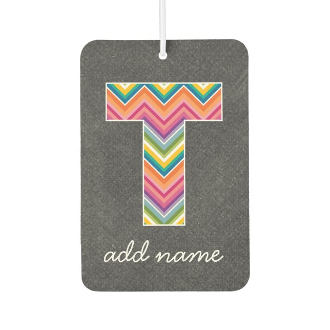 Monogram Letter T - Chalkboard and Bright Chevrons Car Air Freshener (Front)
