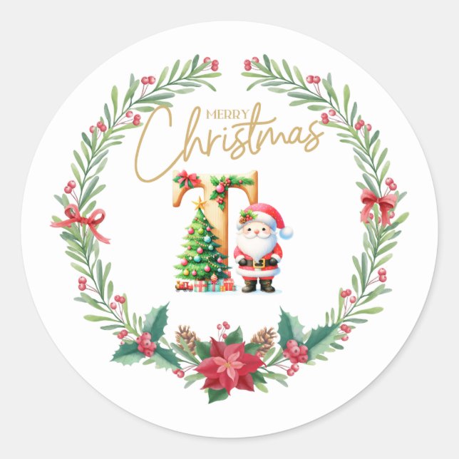 Monogram letter T, Christmas Wreath w/ Santa Claus Classic Round Sticker (Front)
