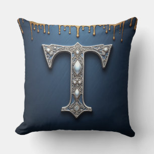 Monogram Letter T Navy Gold Dripping Paint Throw Pillow
