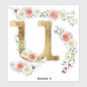 Monogram Letter U Pink Rose Floral Leaf Watercolor