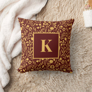 Monogram Letter Vintage Wildflower Leaves Pattern Throw Pillow