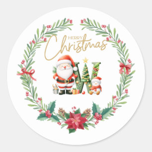 Monogram letter W, Christmas Wreath w/ Santa Claus Classic Round Sticker