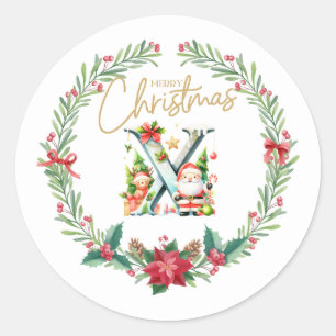 Monogram letter X, Christmas Wreath w/ Santa Claus Classic Round Sticker